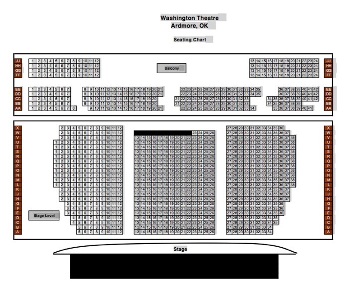 Washington Theatre seating chart showing stage, main floor, and balcony sections